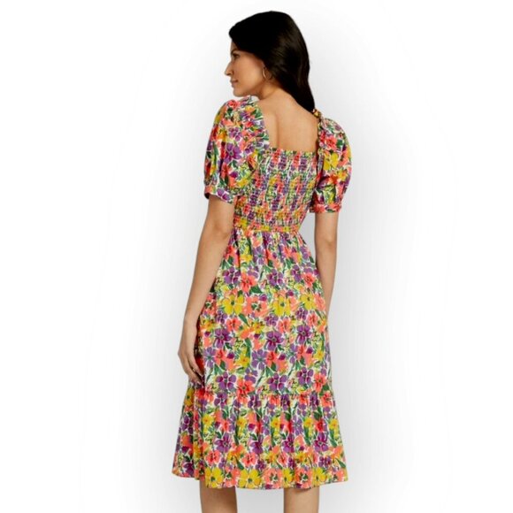 Lilac Floral Puff-Sleeve 100% Cotton Midi Dress - New York & Co M - Picture 3 of 12